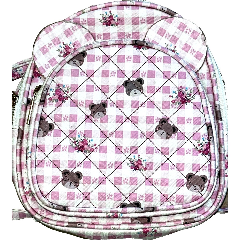 Underonesky Pink Gingham Bear Mini Backpack Purse Bag with Teddy Bear & Flowers